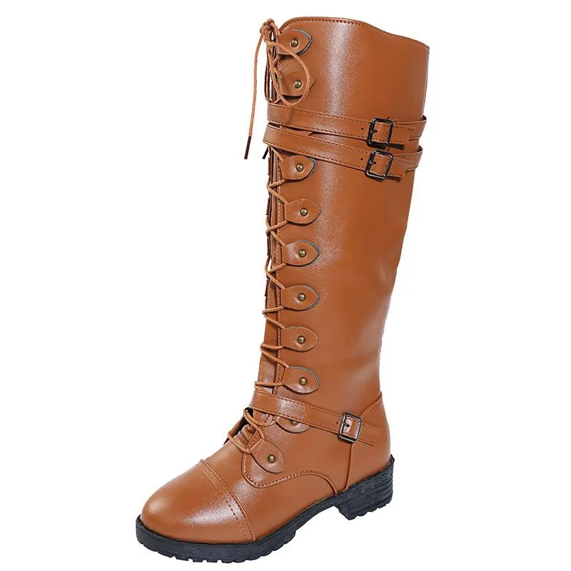 Women knee high chunky heel buckle strap lace up boots
