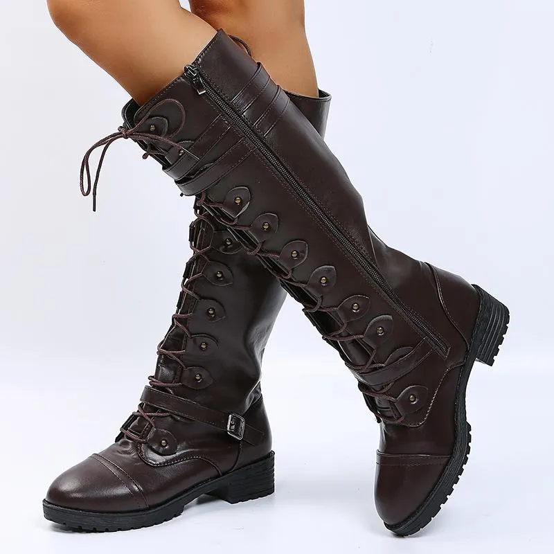 Women knee high chunky heel buckle strap lace up boots