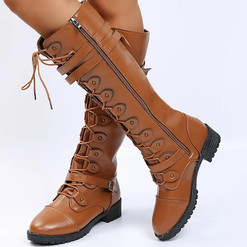 Women knee high chunky heel buckle strap lace up boots