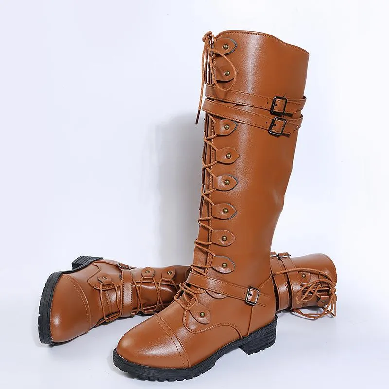 Women knee high chunky heel buckle strap lace up boots