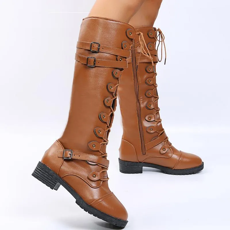 Women knee high chunky heel buckle strap lace up boots