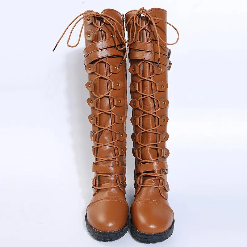 Women knee high chunky heel buckle strap lace up boots