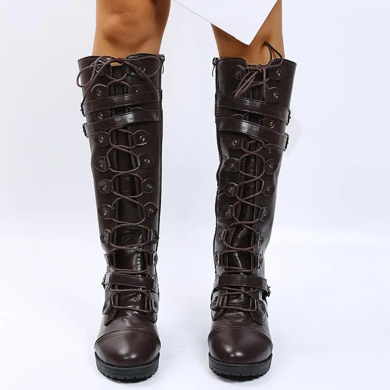 Women knee high chunky heel buckle strap lace up boots