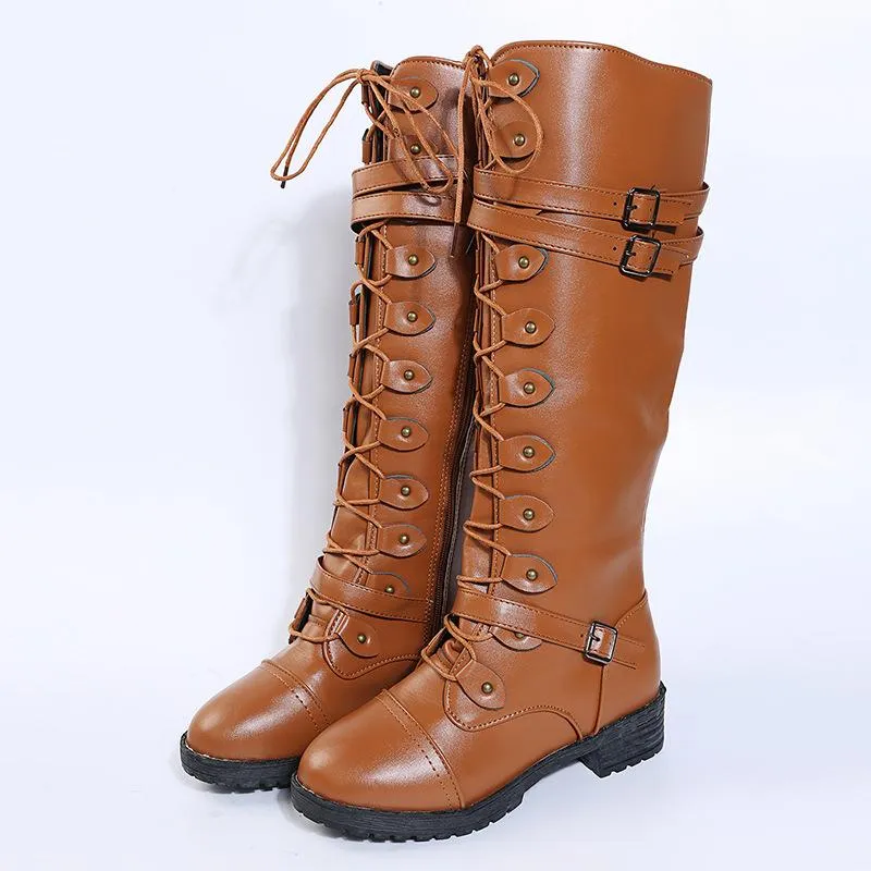 Women knee high chunky heel buckle strap lace up boots