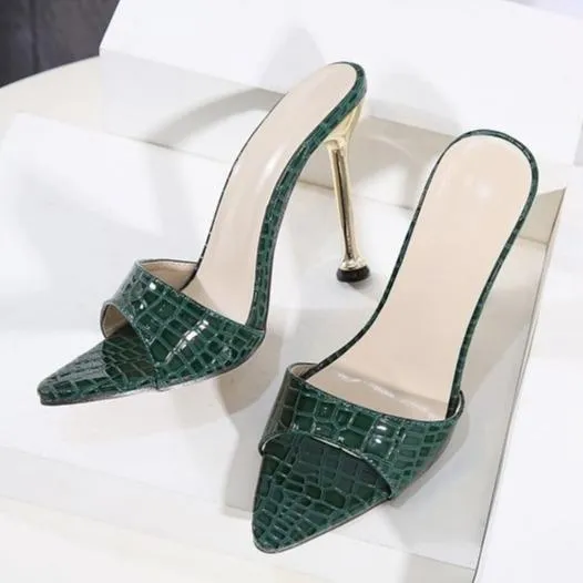 Women pointed peep toe snakeskin summer slide metal stiletto heels