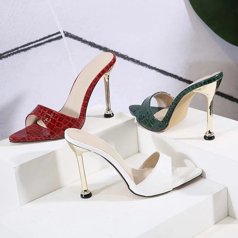 Women pointed peep toe snakeskin summer slide metal stiletto heels