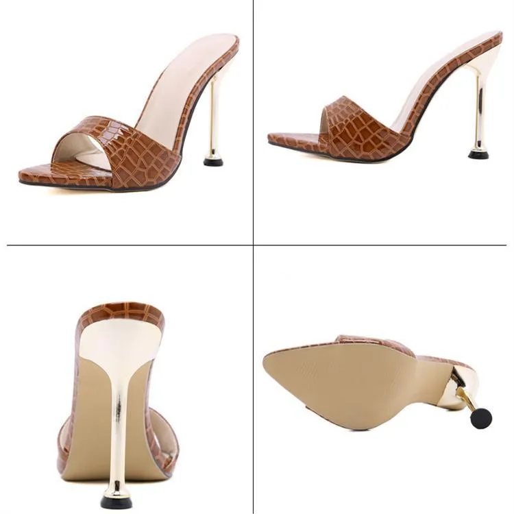 Women pointed peep toe snakeskin summer slide metal stiletto heels
