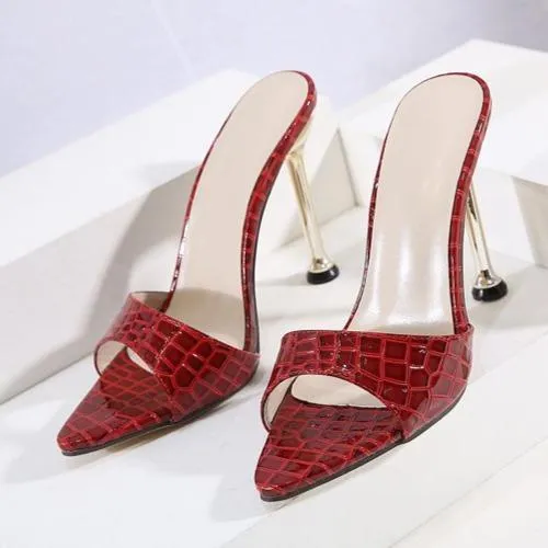 Women pointed peep toe snakeskin summer slide metal stiletto heels