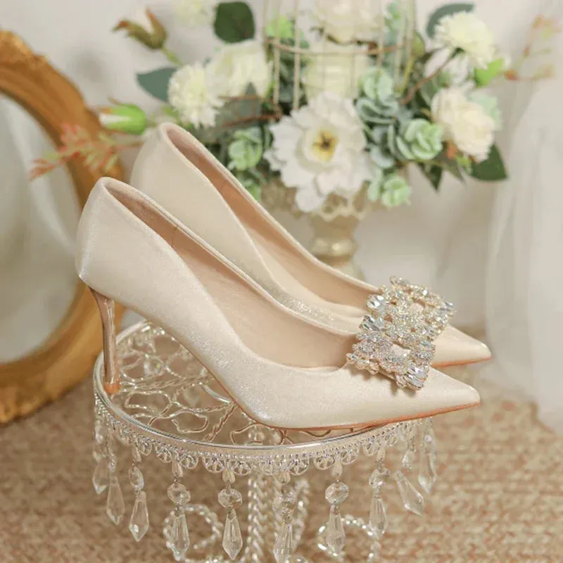 Women's Crystal Square Buckle High Heels