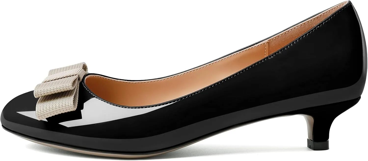 YODEKS Women Kitten Heel Pumps Round Toe Slip On 1.5 Inches Heels Low Heeled Elegant Bow Comfort Shoes for Wedding Office Evening